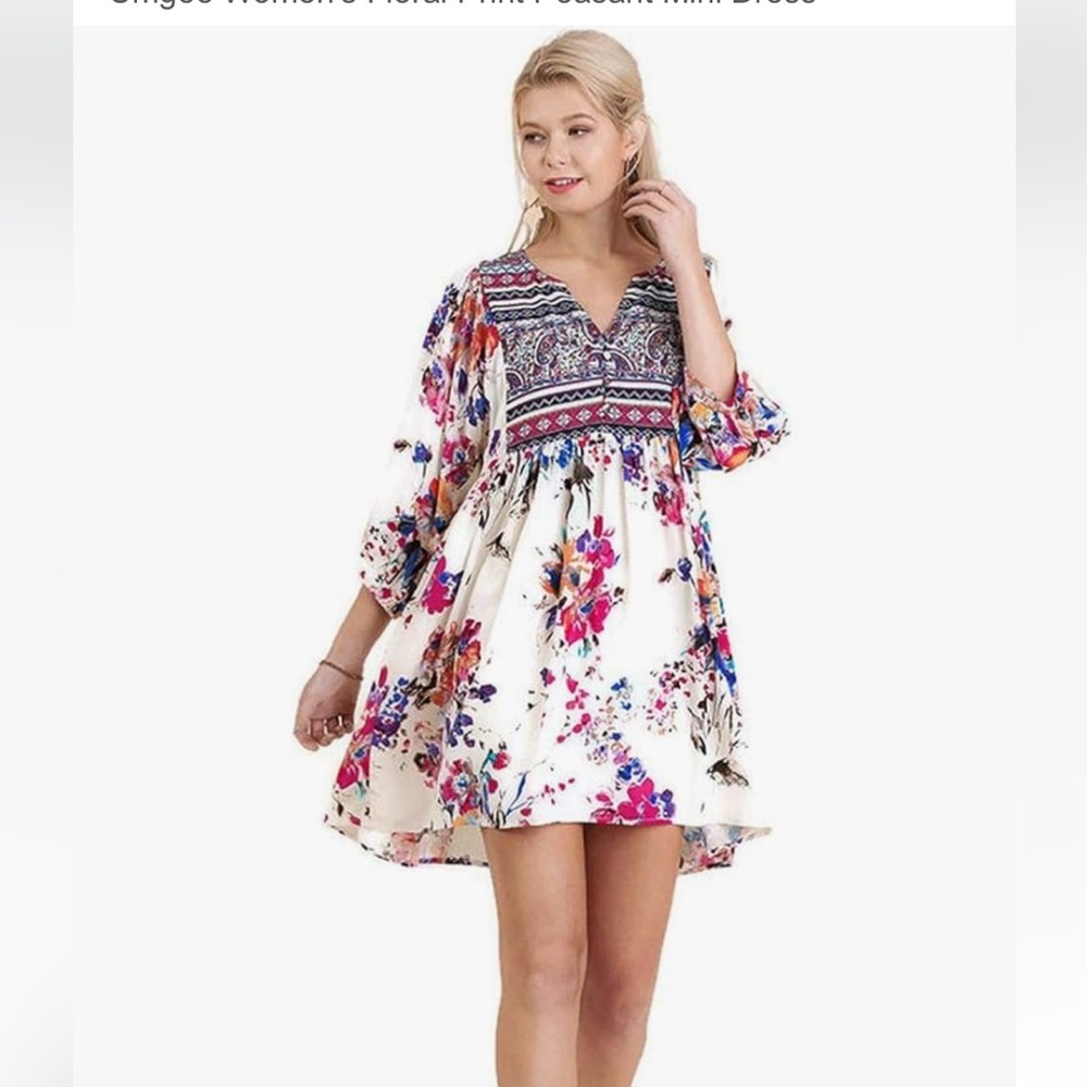 Umgee White Floral Boho Mini Dress with Pink & Blue Accents